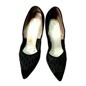 Vtg Belle Mode Black Suede Heels Sz 7 Ribbon Accents 3.5" Heel Pointed Toe Women